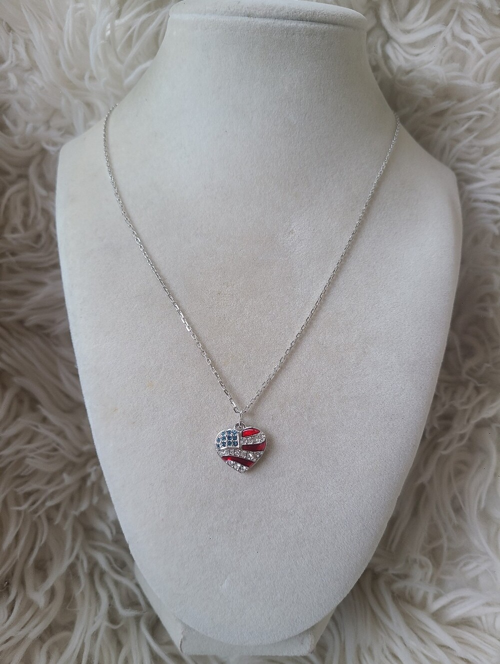 Swarovski Heart Pendant Necklace W/ Red & Blue American Flag-Excellent Condition